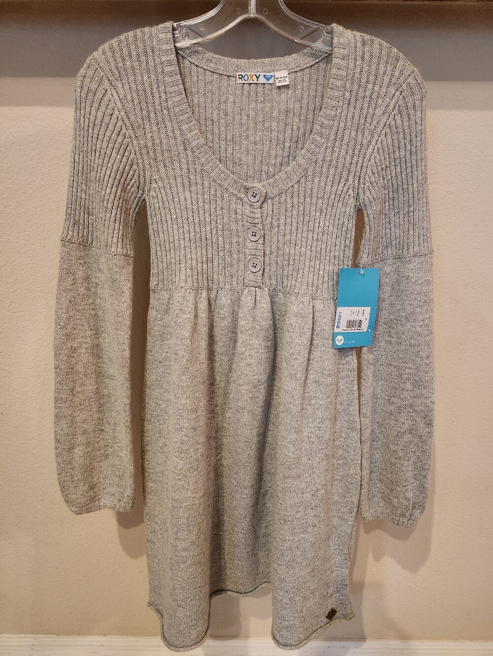Roxy Babydoll Heather Gray Ribbed Button-Front Knit Dress